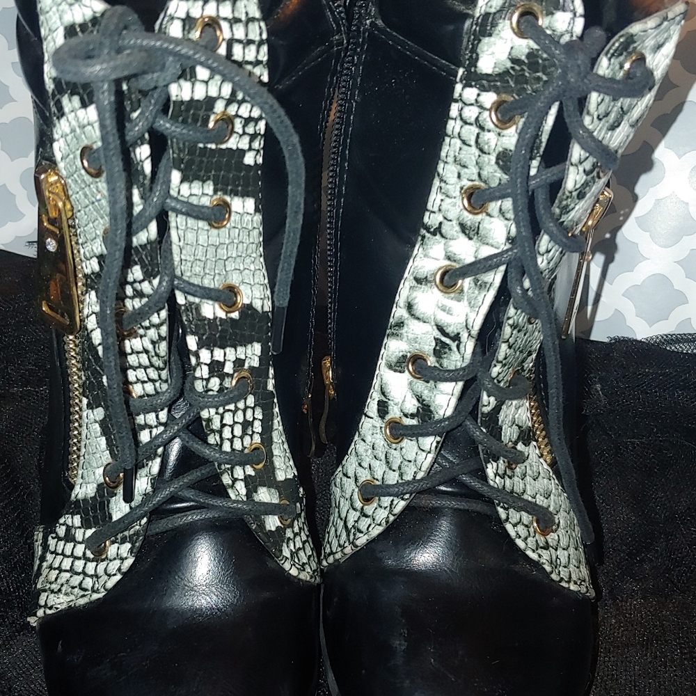 Lace up, snake skin with zipper faux leather wedge booties